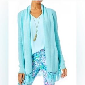 Lilly Pulitzer Womens Tatum Long Fringe Hem Cardigan Light Blue Size Small